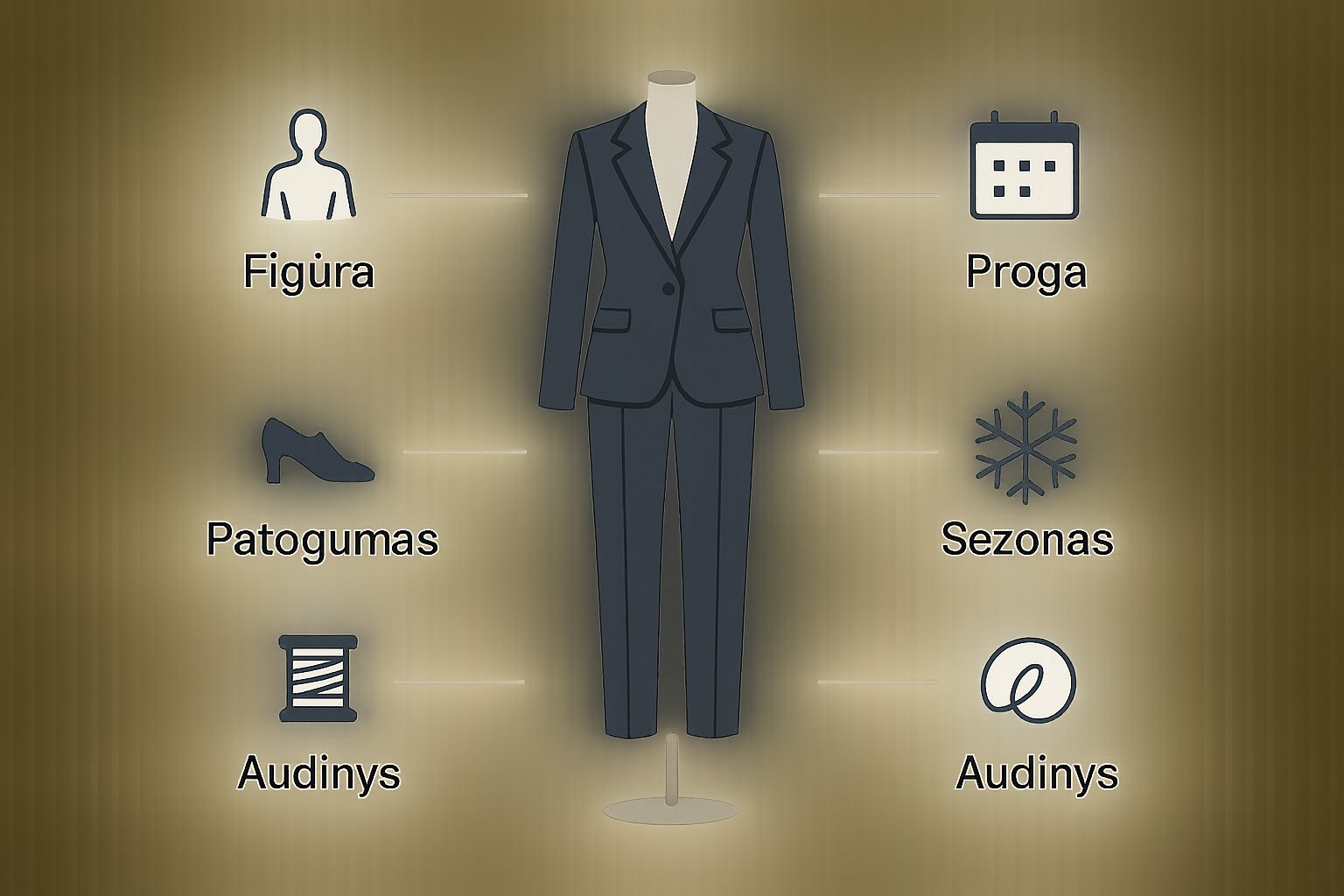 Infografikas apie tai, kaip rinktis moterišką kostiumą pagal figūrą, progą, sezoną ir audinį.