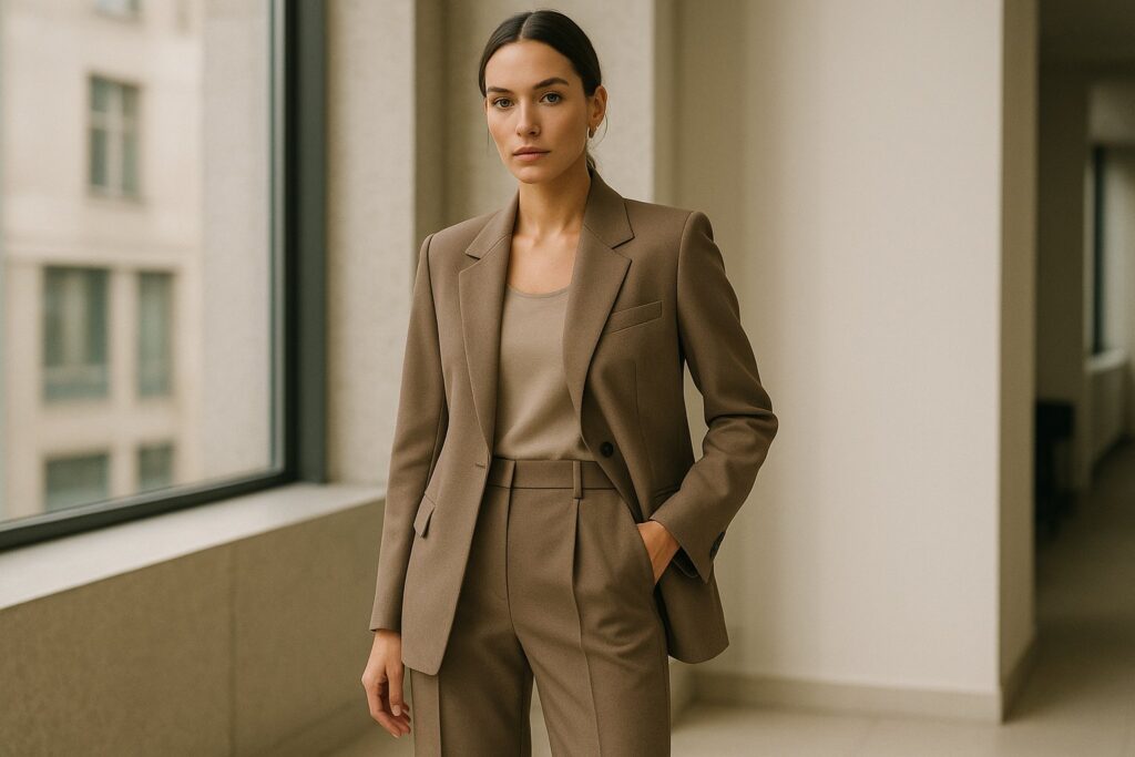 Moteris su madingu kostiumu darbui ir kasdienai, modernus šiuolaikiškas siluetas.