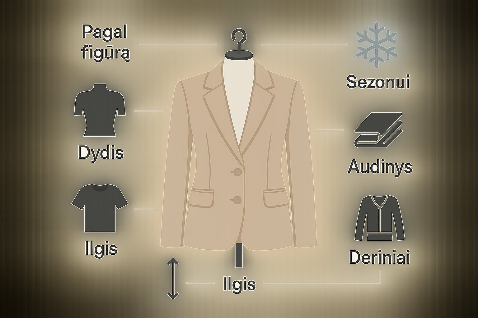 Infografika apie tai, kaip pasirinkti švarkelį pagal figūrą, sezoną, audinį ir derinius.