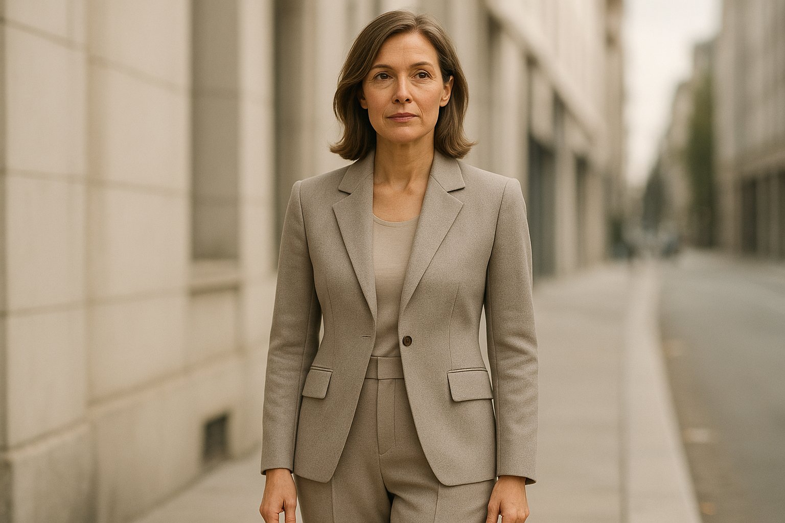 Moteris su moderniu švarkeliu, tinkamu pagal figūrą, elegantiškas ir praktiškas įvaizdis.