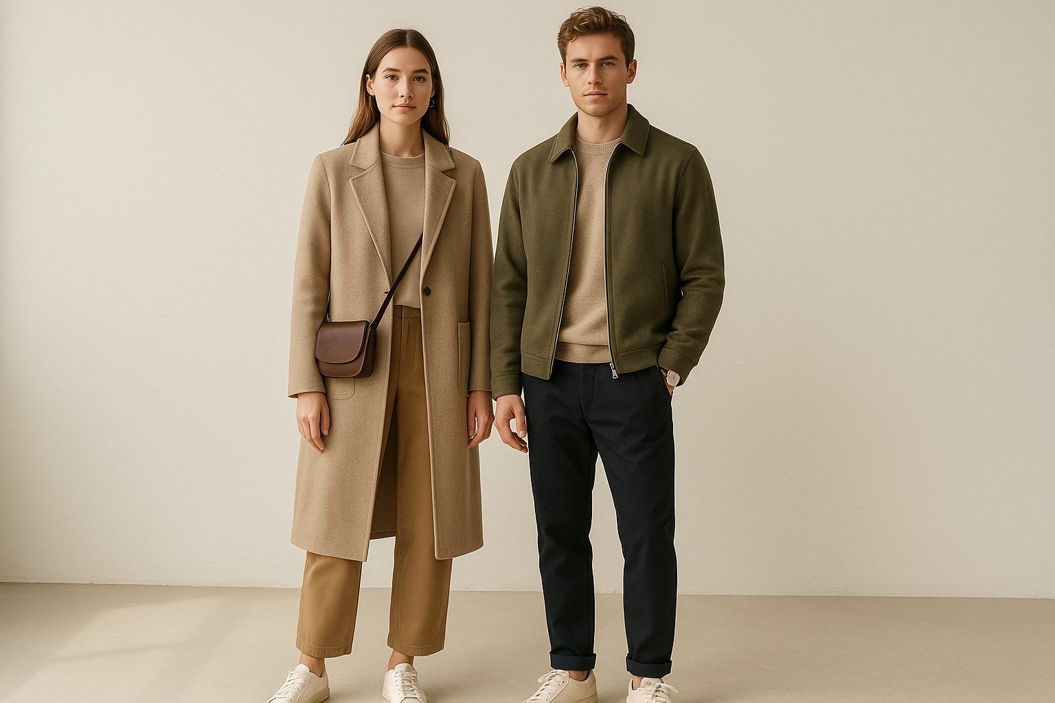 Šiuolaikiška madinga apranga moteriai ir vyrui su tvarkingais sezoniniais deriniais