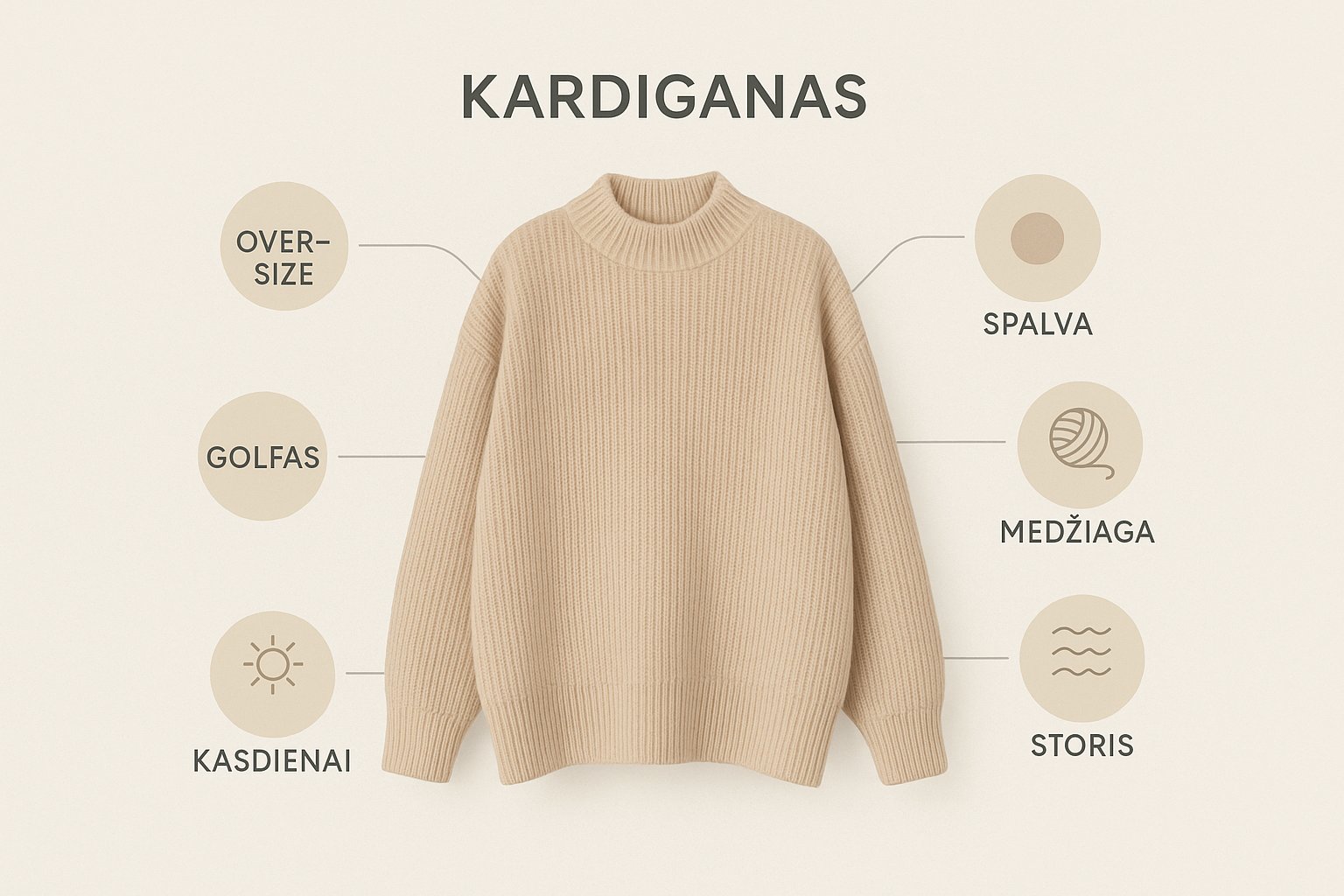 Infografika apie megztinio pasirinkimą pagal modelį, spalvą, medžiagą, storį ir progą.