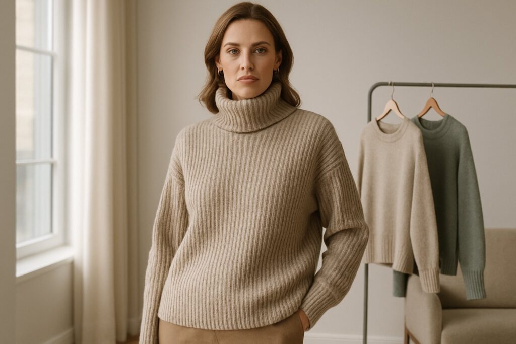 Stilinga moteris su madingu megztiniu 2025 metų sezonui, neutralioje modernioje aplinkoje.