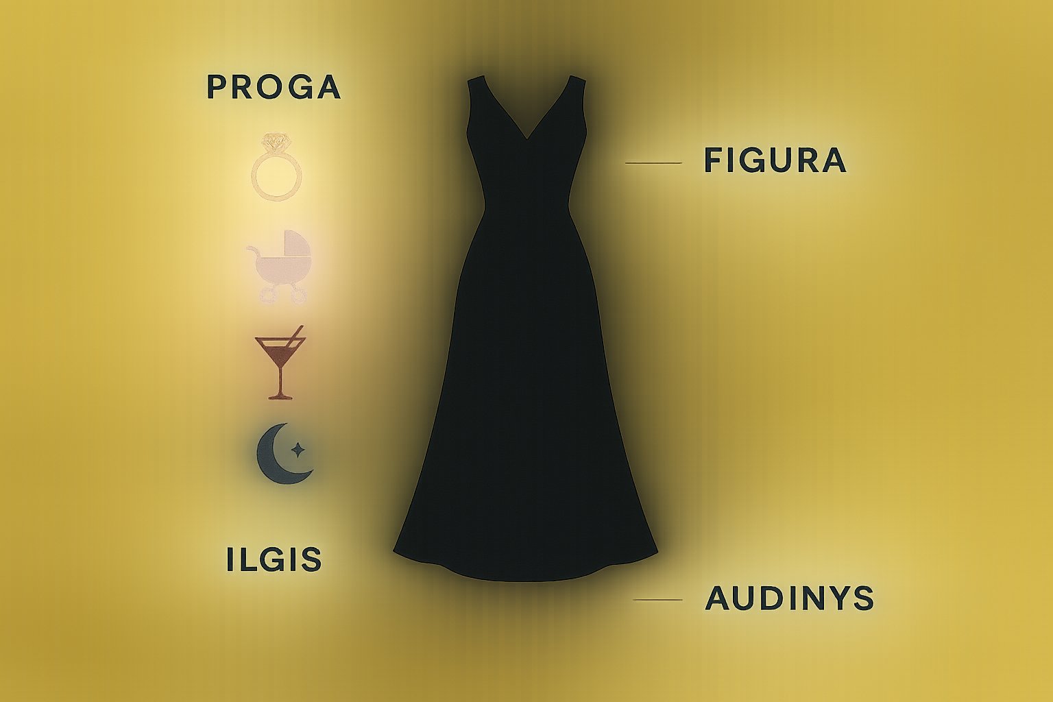 Infografika apie proginės suknelės pasirinkimą pagal progą, figūrą, ilgį ir audinį