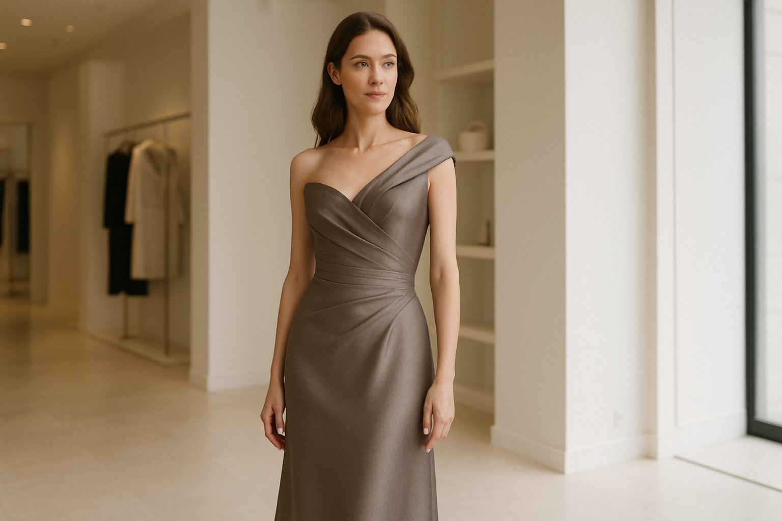 Elegantiška moteris vilki stilingą proginę suknelę šviesiame butike