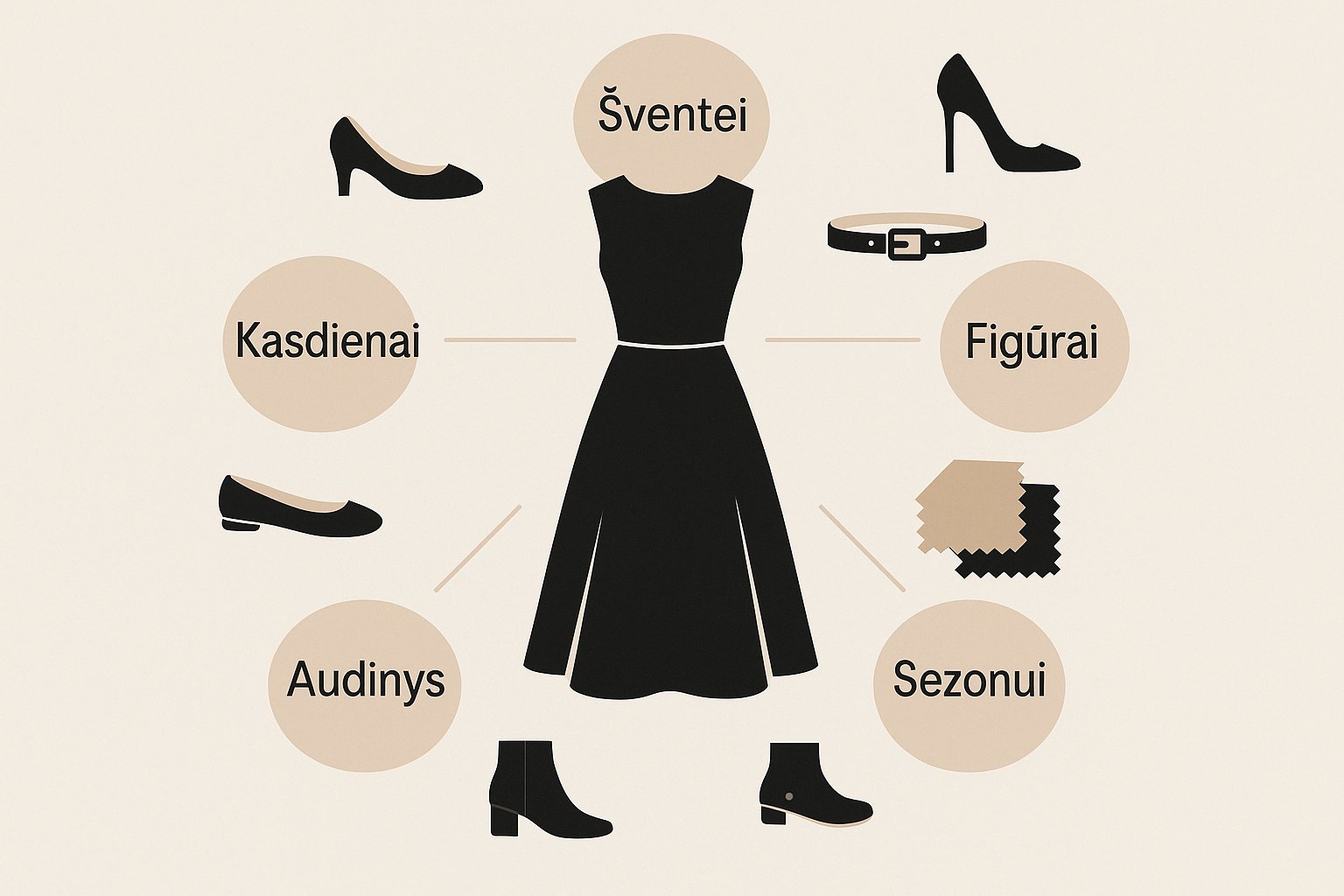 Infografika su centrine suknelės silueto iliustracija ir pagrindiniais pasirinkimo kriterijais: kasdienai, šventei, figūrai, audiniui ir sezonui.