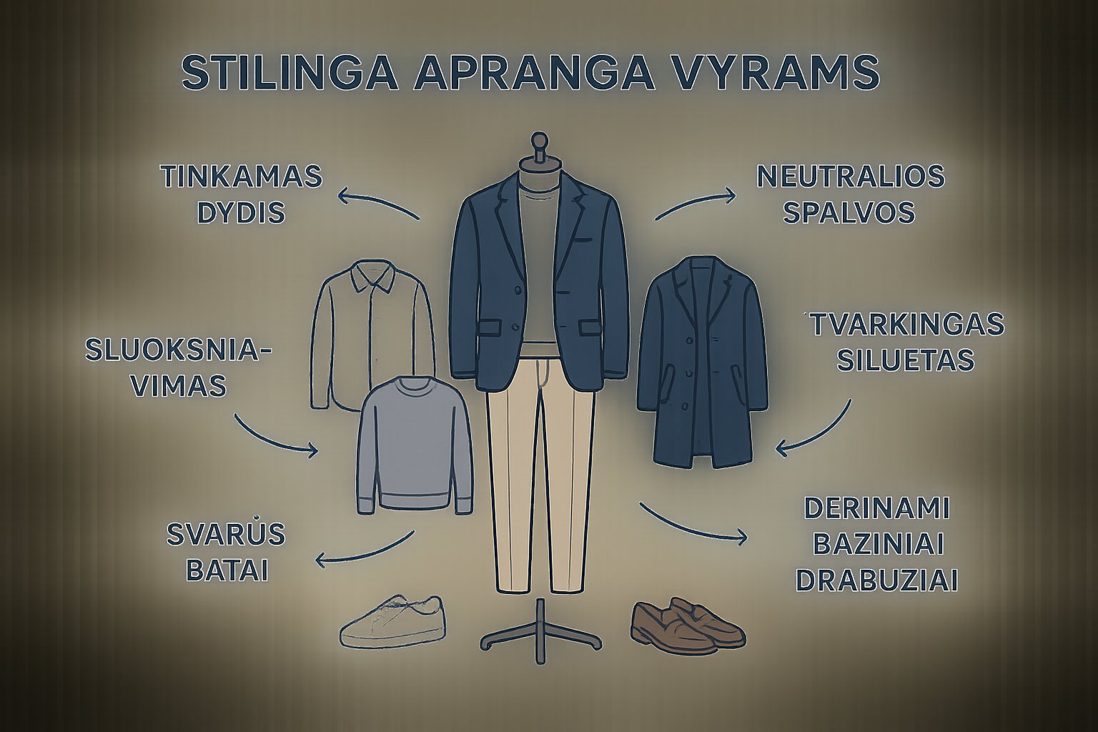 Infografika apie pagrindinius vyriško stiliaus principus ir bazinį garderobą