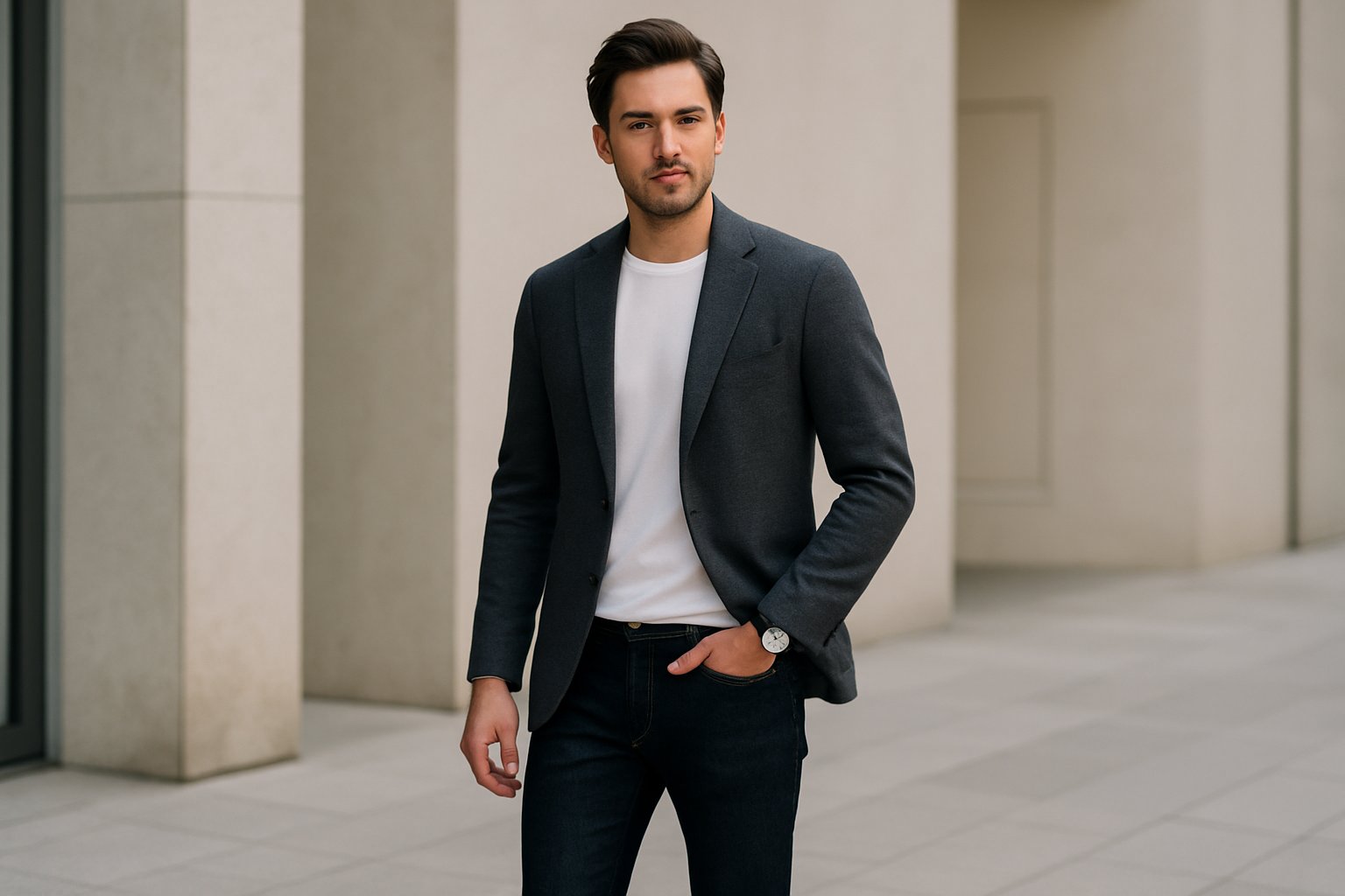 Tvarkingai apsirengęs vyras su stilinga kasdiene apranga mieste