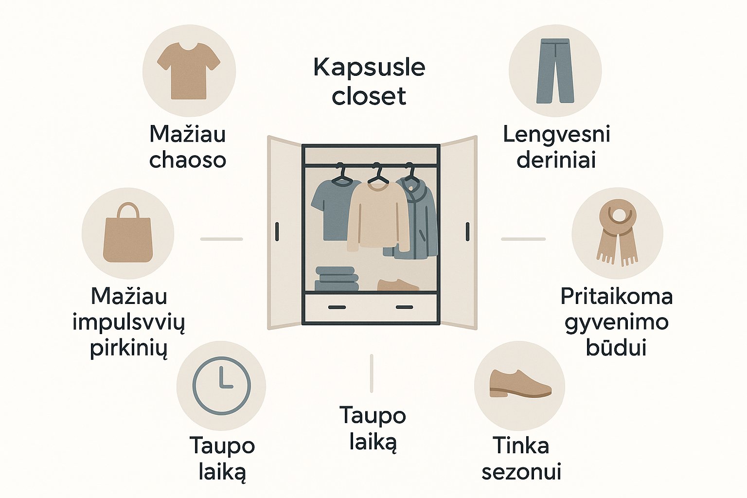 Infografika apie kapsulinės spintos naudą: mažiau chaoso, lengvesni deriniai ir taupomas laikas.